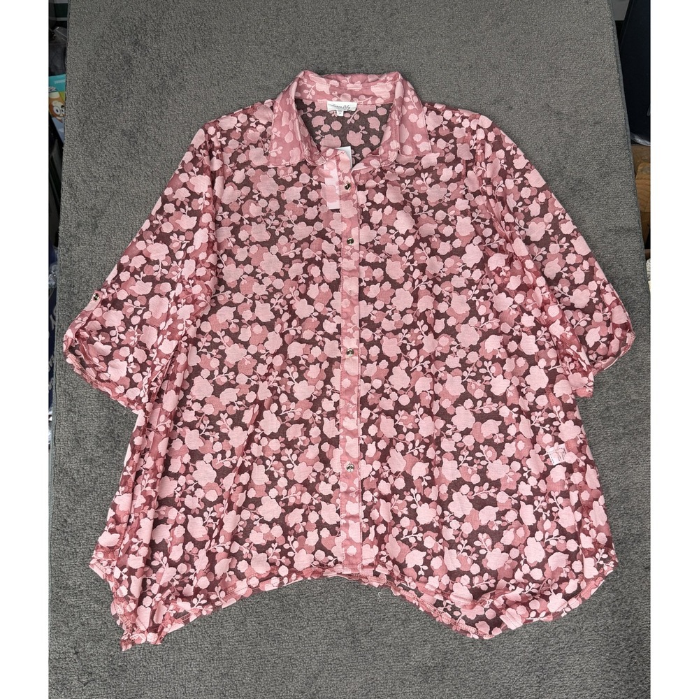 Siren Lily Pink Floral Burnout Sheer Button Down Sharkbite Hem Top 2X NEW